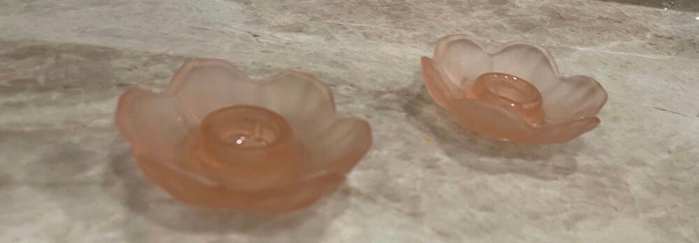 Vintage pink satin glass flower shaped candlestick holders x2